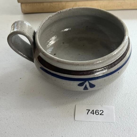 Studio Art Pottery Handmade Soup Bowl Handled Blue Striped Signed 5" X 3" - Picture 11 of 16